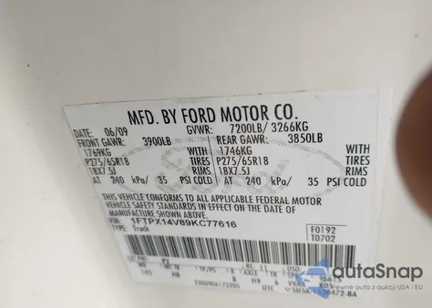 2009 Ford F-150 Fx4/Lariat/Xl/Xlt из США, поврежденный, VIN 1FTPX14V89KC77616